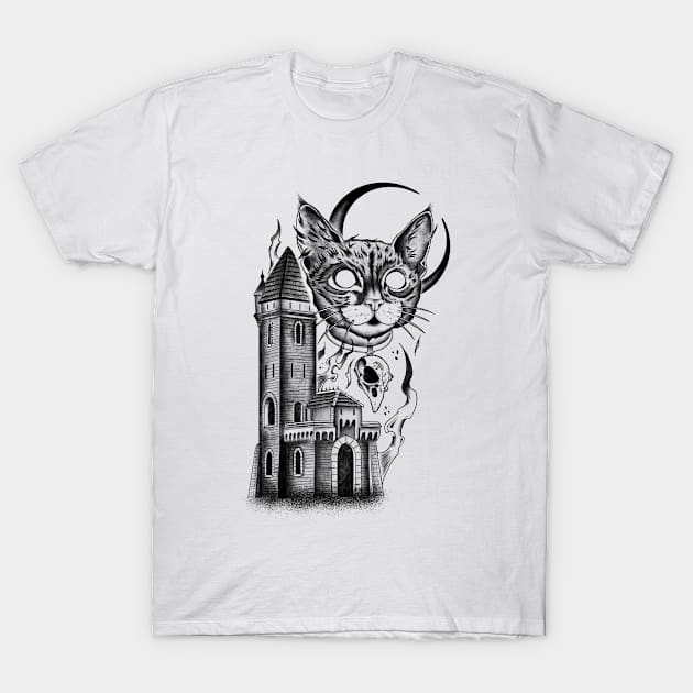 Cat and Castle (black version) T-Shirt by Gmonster